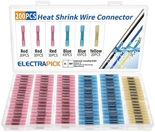 Heat Shrink Wire Connector Butt Terminals Kit, 200PCS Crimp Connectors Waterproof Insulated Electrical Terminals Marine Automotive Cable Electrapick (3 Colors / 3 Sizes)