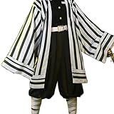 Wecos Men Cosplay Anime Costume Haori Black and White Stripes Cape Cloak Robe Kimono Outfit Halloween Cos (L)