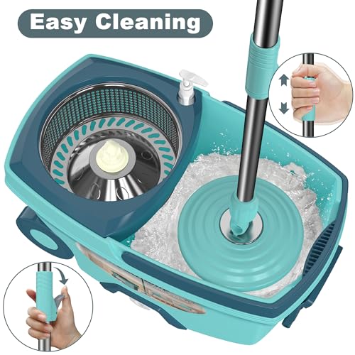 Mop and Bucket with Wringer Set,Spin Mop and Bucket System, Mops for Floor Cleaning,Household Supplies Tools with 6 Replacement Refills,61" Extended Handle for Household Hardwood Floor - Green by Wodemom - Image 2