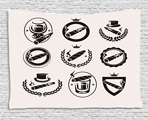 Lunarable Havana Tapestry, Assorted Illustration of Cuban Cigars and Whiskey and Wine Glasses, Wide Wall Hanging for Bedroom Living Room Dorm, 60" X 40", Dark Brown and Eggshell