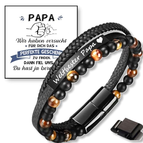 Jbniuay Vatertagsgeschenk Geschenke für Papa Armband Papa Gravur “Weltbester Papa” - Lederarmband Dad mit Perlen - Weihnachtsgeschenke für Papa Dad Männe
