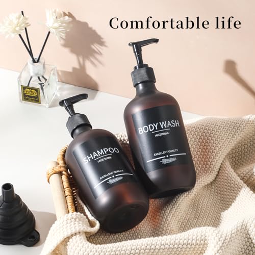 Shampoo Bottles Refillable with Pump (5Pack Matte Amber) Plastic 16.9oz Amber Reusable Shampoo and Conditioner Bottles,Bathroom Bottles with Pump and Labels3