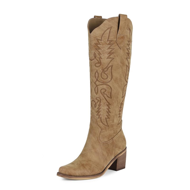 Image of ZJA Cowgirl Knee High Embroidery Pointed Toe Boots for Women