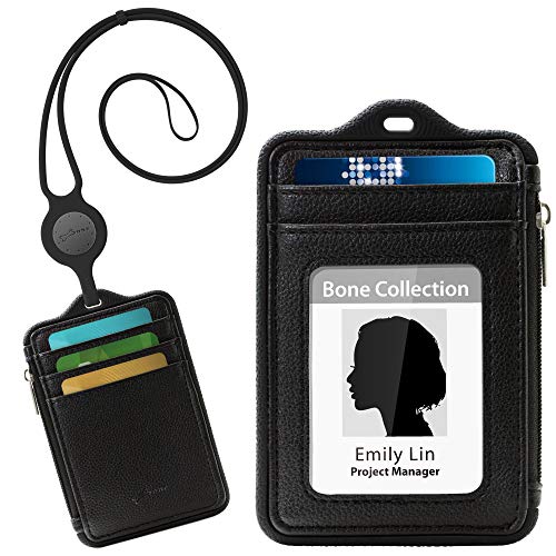 Bone Billetera Portaidentificación, Funda de Cuero de Primera Calidad para Billetera, 4 Ranura para Tarjeta de Crédito con Cordón de Cuello de Silicona - Negro