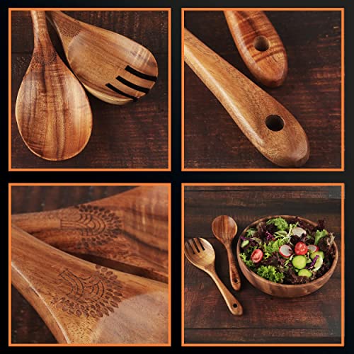 Golden Tree Wooden Salad Bowl Set With Servers, 9.5'' X 3.1'', Serving Bowl, Handmade Carved Acacia Wood, Food Safe Toxin Free #TOP1