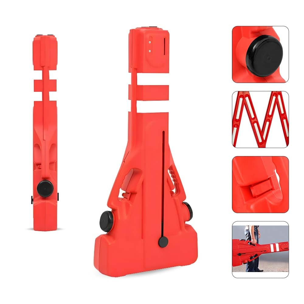 Lot de 2 barricades extensibles – Rouge | Barrière pliable en plastique de 2,3 m | Barrière de sécurité routière réfléchissante pour plus de sécurité | Barrière mobile portable avec base à remplir