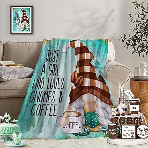 Ivarunner Coffee Gnome Blanket, Gnomes Gifts for Women, Birthday Gifts for Wife, Girls, Sister, Best Friend, Mom,Daughter, Soft Fuzzy Spring Gnome Throw Blanket, 50x60 Inches Cover