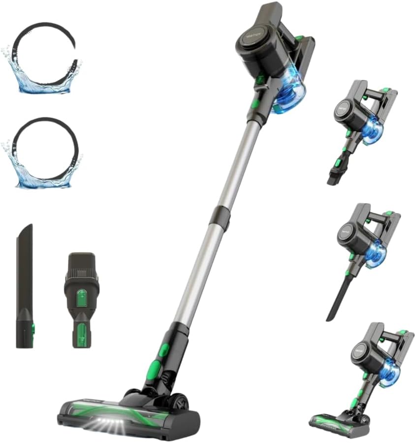 V9 Cordless Stick Vacuum Cleaner, Black and Green, Waterproof Design, Versatile Brushes, Multi-Surface Cleaning, Adjustable Length, for Home, Pet Hair, Furniture, Crevices
