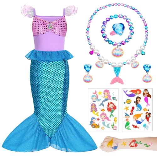 AUNGKWANG 4 Pièces Sirene Déguisement Ariel La Petite Sirene, Collier et Tatouage Enfant