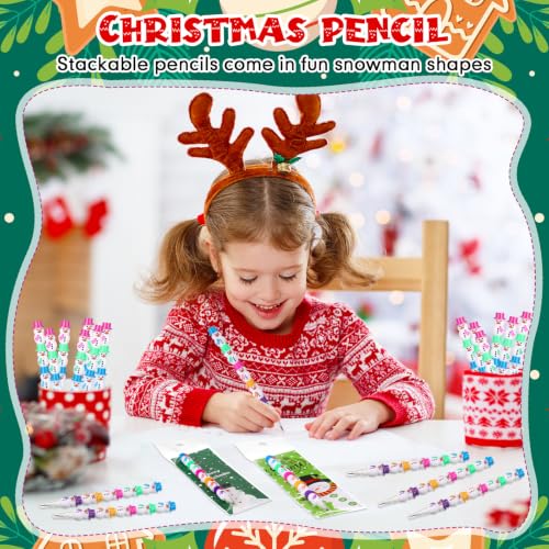 MotiMind 48 Set Christmas Stackable Pencils for Kid, Snowman Stacking Pencil with Cards for Christmas School Classroom Rewards, Holiday Goodie Bag Fillers Bulk Stationery Xmas Stocking Stuffers - Image 4