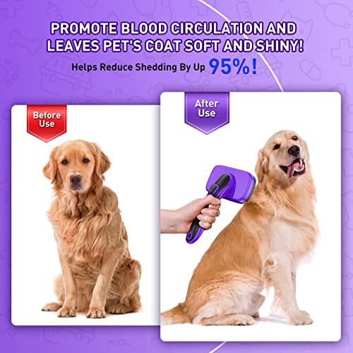 Pet Self Cleaning Slicker Brush For Shedding & Grooming Long Short Haired Dogs, Cats Retractable Brush For Large And Small Gently Removes Loose Undercoat, Mats Tangled Hair From Pet's Coat - Purple #TOP3