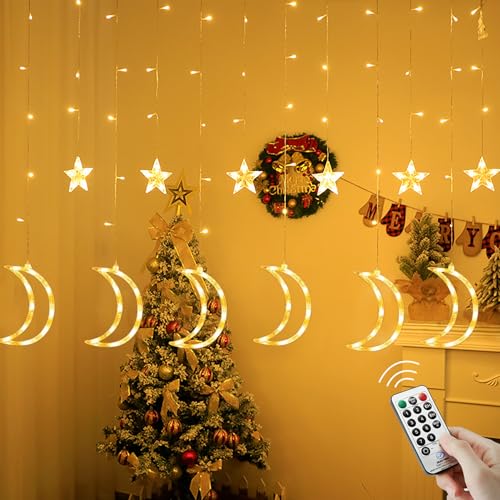 Qillnyy 138 LED Ramadan lichterkette, 5,5 m/8 Modi,Stern-Mond lichterketten vorhang für Außen/Innen, Wasserdicht IP65 und Speicherfunktion für Ramadan, Party, Balkon Dekorationen