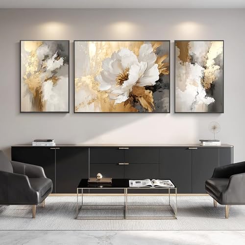 Large Gold with White Flower Wall Art Painting Framed Picture