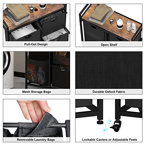 Tohomeor Laundry Sorter With 3 Laundry Basket Rolling Laundry Hamper Cart With Wheels Sliding Pull Out And Removable Laundry Basket Bags For Laundry Room Bathroom Bedroom (Rustic Brown) #TOP6