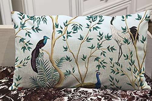 Wozukia Vintage Garden Pomegranate Fruit Tree Throw Pillow Cover 12X20 Inches Exotic Bird Peacock Floral Exotic Chinoiserie Blue Cotton Linen Decorative Home Sofa Car Lumbar Pillow Case Cushion Cover #TOP3