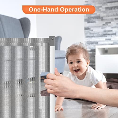 Digiroot Retractable Baby Gate - 180*85CM Extra Wide Stair Gate for Baby and Pet, One Handed Silent Operation, Double Lock Mesh Safety Gate for Stairs, Doorways, Hallways, Indoor, Outdoor, Grey