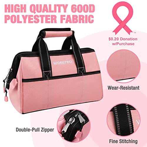Workpro 13-Inch Tool Bag, Pink Soft Cloth Tool Storage Bags, Wide Mouth Tool Tote Bag With Inside Pockets - Pink Ribbon #TOP1