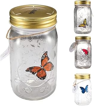 Butterfly in A Jar Vibration Induction Flying Butterfly Simulated Butterfly Jars LED Butterfly in A Jar Fluttering Valentine Kids Gift Home Decor Orange