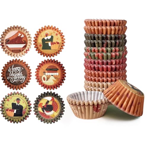 qiqee Thanksgiving 300PCS Mini Cupcake Liners Cupcake Cups 6 Designs Thanksgiving Turkey Cupcake Papers Baking Cups Cupcake Wrappers (Small Size)