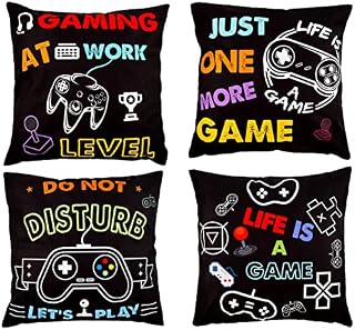 SOSPIRO 4 Pack Video Game Throw Pillow Cover 18 x 18 Inch Gaming Cushion Cover Gamer Controller Pillow Cover Pillowcase Decorative for Gaming Fan Video Game Themed Party Sofa Bedroom Home Decor
