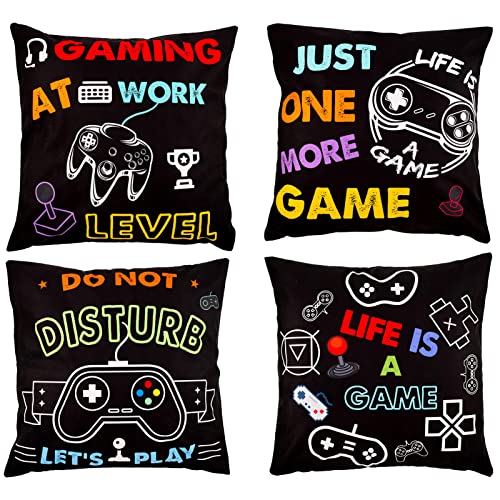 SOSPIRO 4 Pack Video Game Throw Pillow Cover 18 x 18 Inch Gaming Cushion Cover Gamer Controller Pillow Cover Pillowcase Decorative for Gaming Fan Video Game Themed Party Sofa Bedroom Home Decor