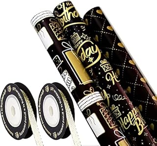 Gift Wrapping Paper Set 6 Sheets 3 Styles Happy Birthday Wrapping Paper Roll with 2 Rolls 5M Gold Silk Ribbon Black Gold Wrapping Paper Sheets 70 × 50cm