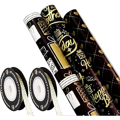 Gift Wrapping Paper Set 6 Sheets 3 Styles Happy Birthday Wrapping Paper Roll with 2 Rolls 5M Gold Silk Ribbon Black Gold Wrapping Paper Sheets 70 × 50cm Cover