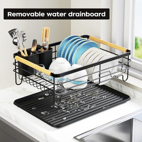 jouzevic Dish Racks for Kitchen Counter: Wooden Handles, Thickened Metal, No Assembly. Small Dish Drying Rack: Ideal for Small Households. Drying Rack Kitchen: Black — view 4