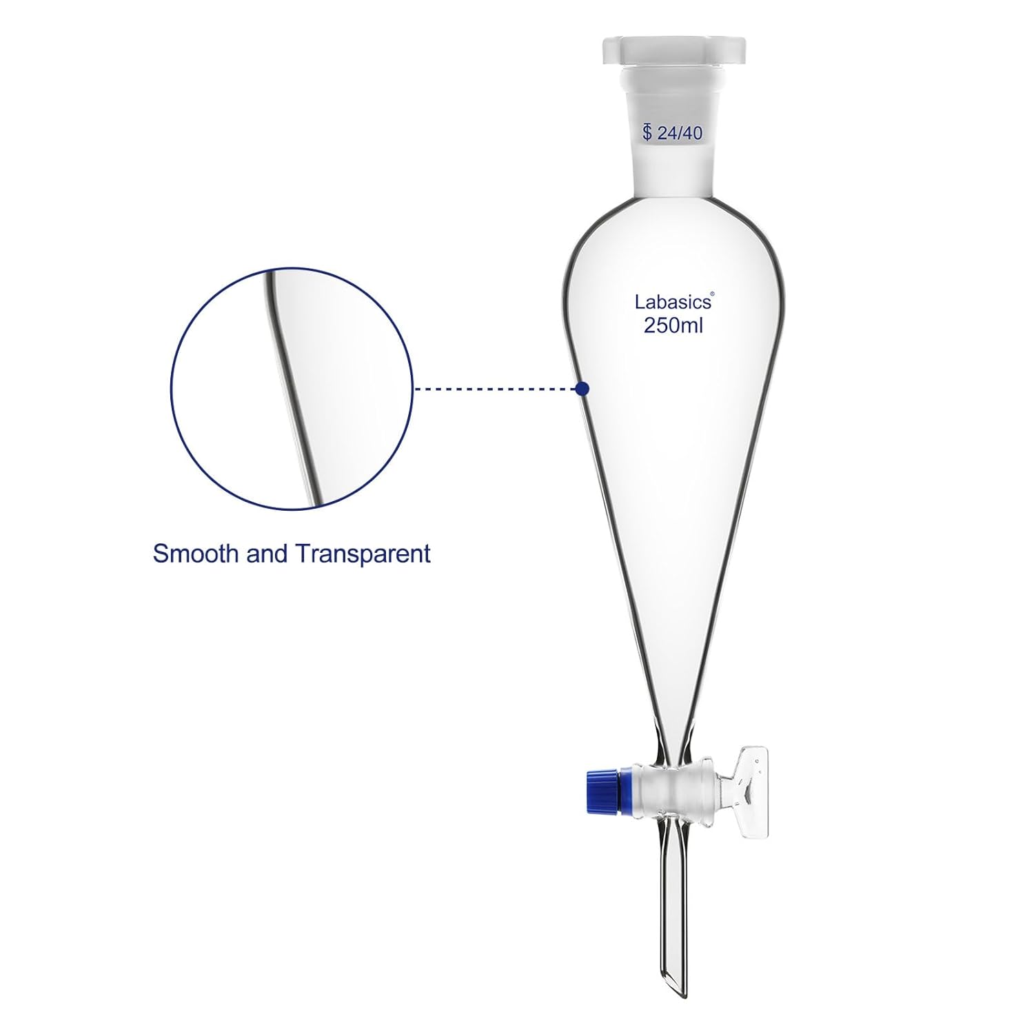 Labasics Borosilicate Glass 250mL Conical Separatory Funnel with Glass Stopcock, Ideal for Liquid Separation in Laboratories