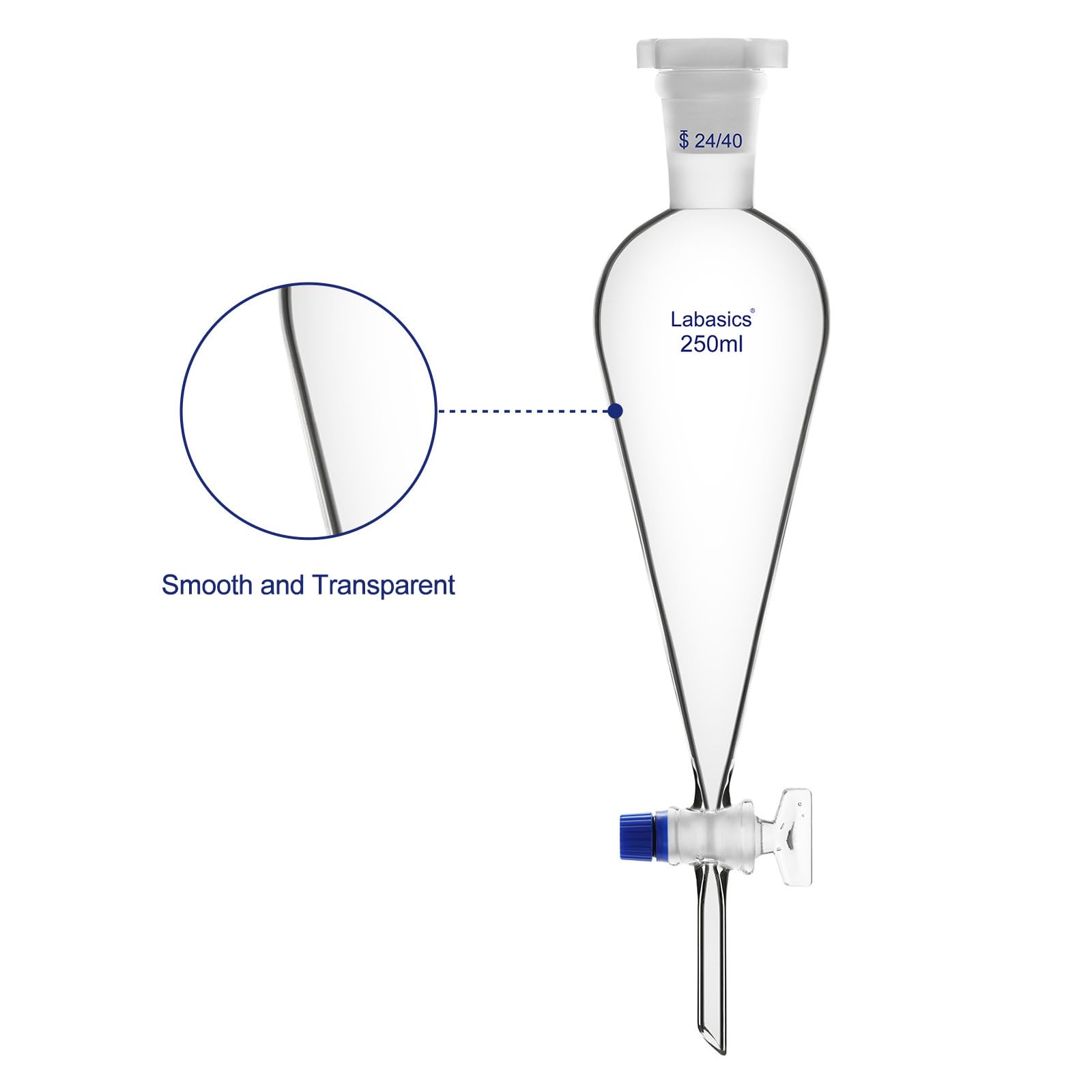 Labasics Imbuto Separatore Conico in Vetro Borosilicato 250 ml con Rubinetto in Vetro, Ideale per la Separazione dei Liquidi in Laboratorio