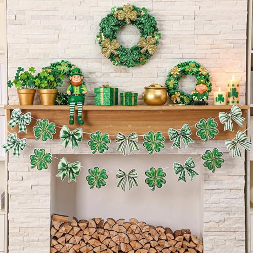 Image of Oudain 2 Pack St. Patrick's Day Paper Garland 6.56 ft Green Irish Clover Banner Lucky Shamrock Bow Hanging Garlands for Rish St. Patrick's Day Mantel Fireplace Wall Decor Indoor Outdoor Parties