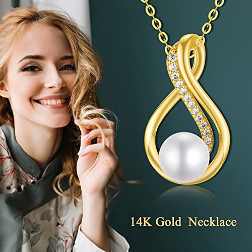 14K Yellow Gold Pearl Necklace For Women Girls, Real Gold Pearl Pendant Necklace Mother's Day Pearl Jewelry For Mom, Wife, Grandma, 16"-18" (Style 6) #TOP2