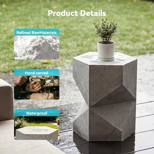 Image of COSIEST MgO Concrete Side Table, 18 Inch Hexagonal Geometric Outdoor End Accent Table, All-Weather Patio Garden Stool, Modern Plant Stand & Coffee Table for Balcony Backyard, Gray, 2 Pack