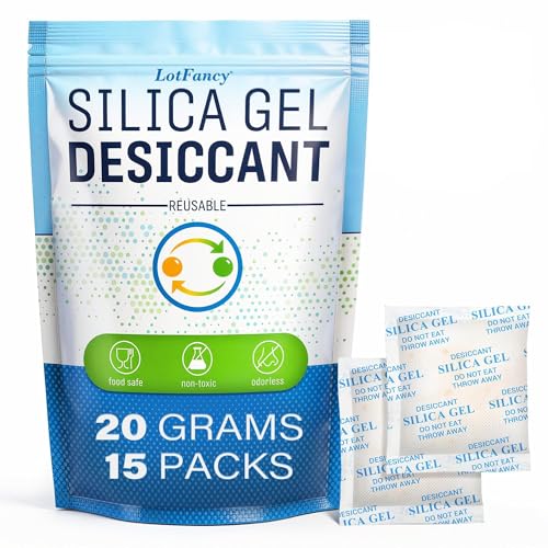 LotFancy Silica Gel Packets 20 Gram 15 Pack, Color Indicating Rechargeable Desiccant Packs, Moisture Absorber for Gun Safe, Electronics, Camera Lens, Toolboxes & Storage Bins