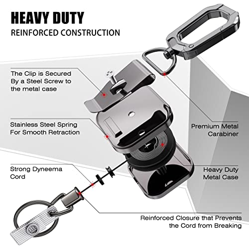 Elv Retractable Id Badge Holder, Heavy Duty Metal Body And Dyneema Cord, Carabiner Key Chain Metal Keychain With Belt Clip And 31 Inch Wire Extension, Hold Up To 15 Keys And Tools #TOP1