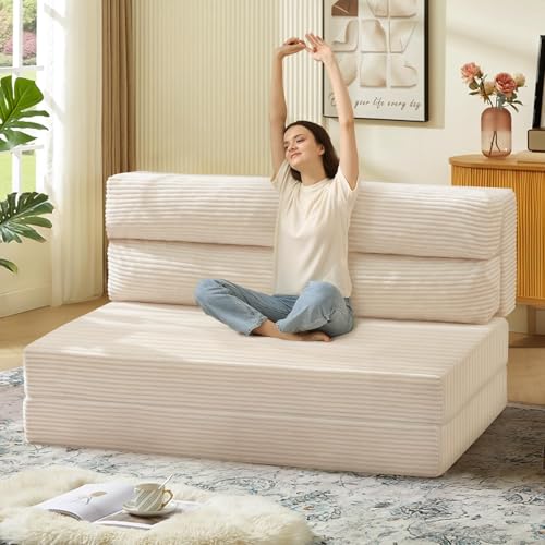 JUIKURY Folding Sofa Bed, Convertible Sleeper Chair with Pilow Foldable Matress, 2 in 1 Pull Out Loveseat Sofa Portable Fold Out Chair Bed Floor Couch Lounge for Living Room Bedroom (Beige, Full)