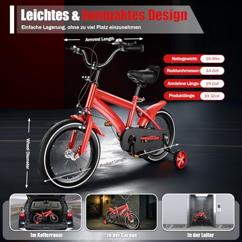 CLEADONG 14 Zoll Kinderfahrrad, Kinderfahrrad Höhenverstellbar, Jungen-Mädchen-Fahrrad mit Stützrädern, Fahrrad Kinder für Alter von 3-6 Jahren Rot – Bild 3
