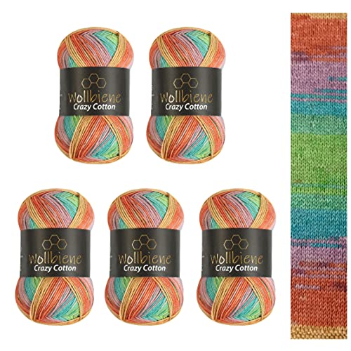 5 x 100g Wollbiene Crazy Cotton Batik 500 Gramm mit Farbverlauf 55% Baumwolle mehrfarbig Multicolor Strickwolle Häkelwolle Wolle Ganzjahreswolle (6010 orange grün mint)