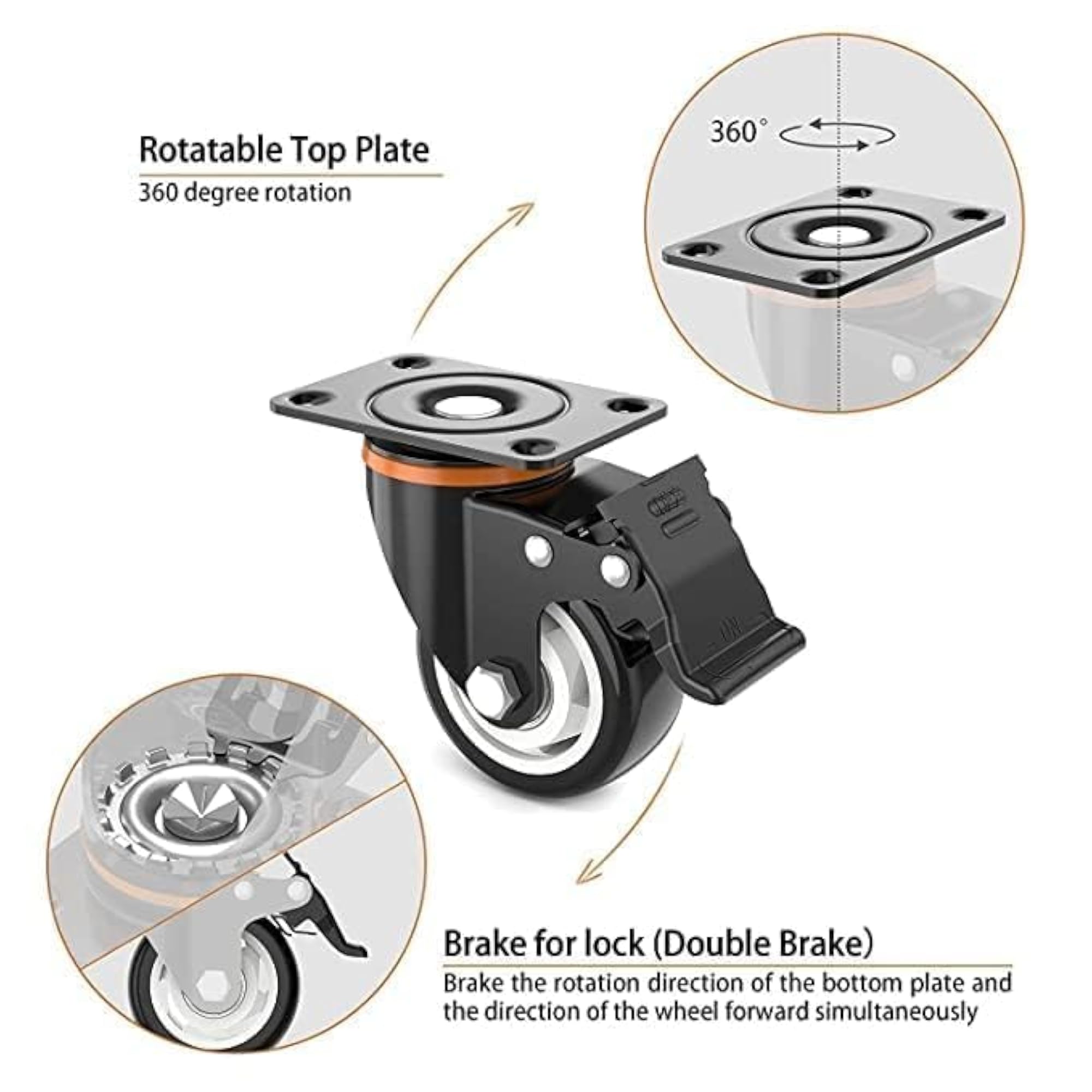 Caster Wheels, Heavy Duty Swivel Castors with Brake, 4 Pack