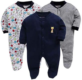 EIO 100% Cotton Baby Rompers Sleepsuits Jumpsuits Night Suits for Newborn Baby Boys & Girls | Soft Infant Bodysuit | Pack of 3 Kids Rompers