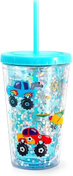 Cute Tumbler with Lid and Straw Double Wall Insulated Acrylic Cup for Girls Boys Kids, 18oz/550ml Airplane & Truck