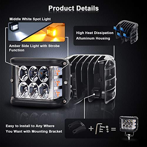 Ovotor Side Shooter, Led Pods Light 4 Inch Off Road Dual Side Yellow Drl With Flash Strobe Function Driving Flood Spot Cube Work Light Bar For Jeep Truck Atv Boat #TOP3