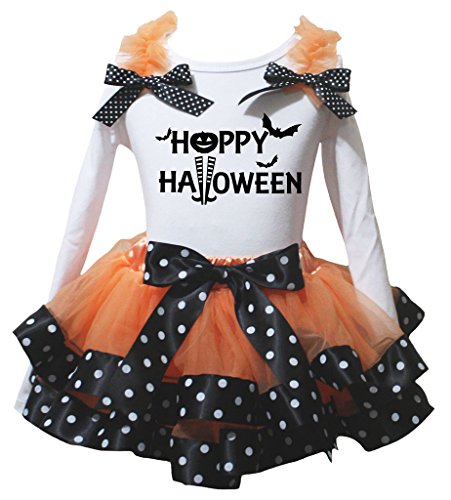 Camiseta de lunares y falda de pétalos en negro y naranja con mangas largas para otoño