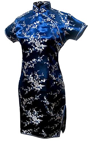 Shanghai Story Women's Short Qipao Rayon Cheongsam Chinese Dress XL Dblue Flower