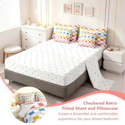 Image of Feelyou Multicolored Checkered Retro Comforter Set with Sheets 7 Piece Full Size Geometric Cute Bed in a Bag Kids Boys Girls Colorful Bedding Set Modern Groovy Aesthetic Bedroom Decor Breathable Soft