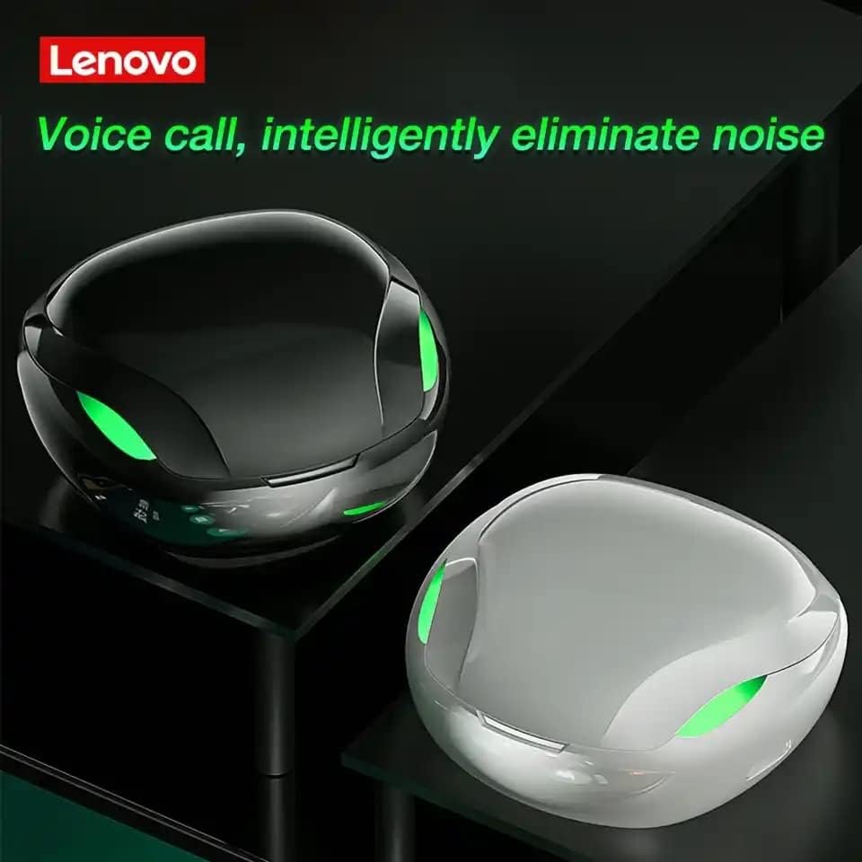 Lenovo XT92 TWS earbuds charging cases in black and white, highlighting noise elimination for voice calls.