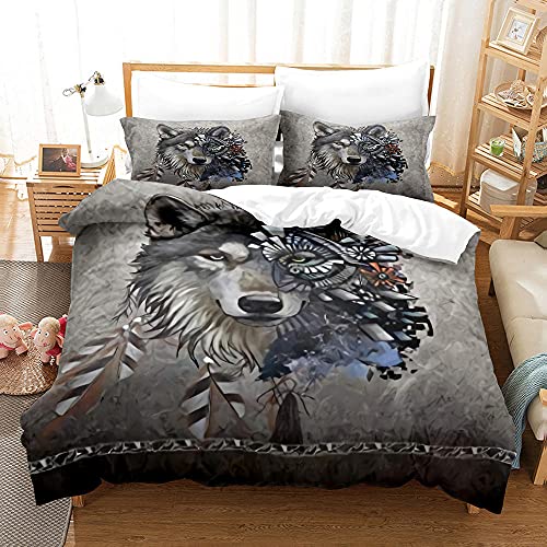 Parure de lit 3 pièces pour 2 Personnes Loup Gris Impression 3D Housse de Couette 220x240cm en Microfibre Bohème avec 2 Taies d’Oreiller pour Garçon Fille Enfant Adulte Cover