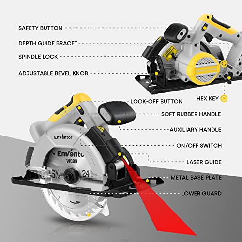 Cordless Circular Saw, Enventor 20V 6-1/2" 4800Rpm Brushless Cordless Circular Saw With 4.0Ah Lithium Battery And Rapid Charger, Laser Guide, Skill Saw Max Cutting Depth 2.24" (90°), 1.69" (45°) #TOP1