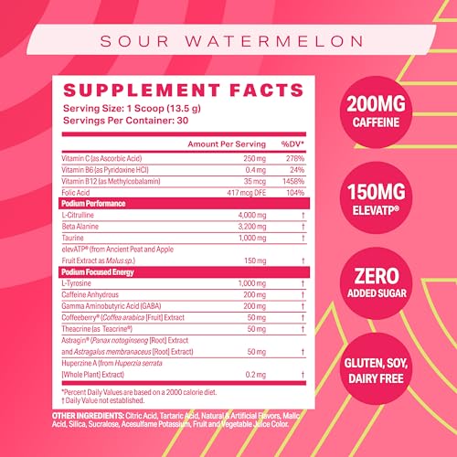 Image of Podium Nutrition, Fuse Pre Workout Powder, Sour Watermelon, 30 Servings, Beta Alanine and Caffeine for Energy, Gluten Free, Soy Free, Dairy Free