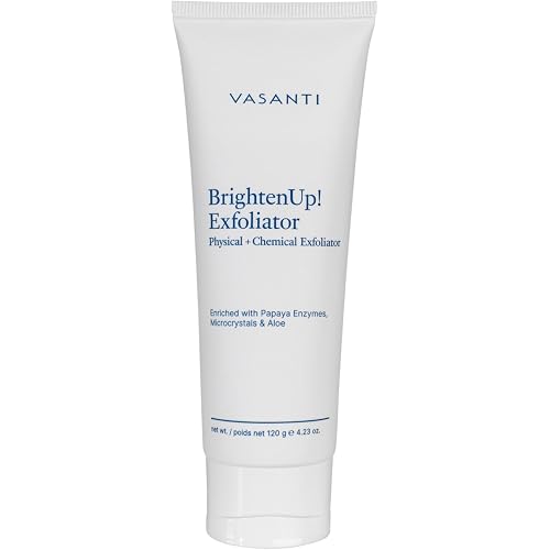 VASANTI BrightenUp! Exfoliator (120g) | Physical + Chemical Facial Exfoliator Scrub with Instant Results for Soft, Smooth and Radiant Skin | Enriched with Papaya, Microcrystals and Aloe | 99% Natural